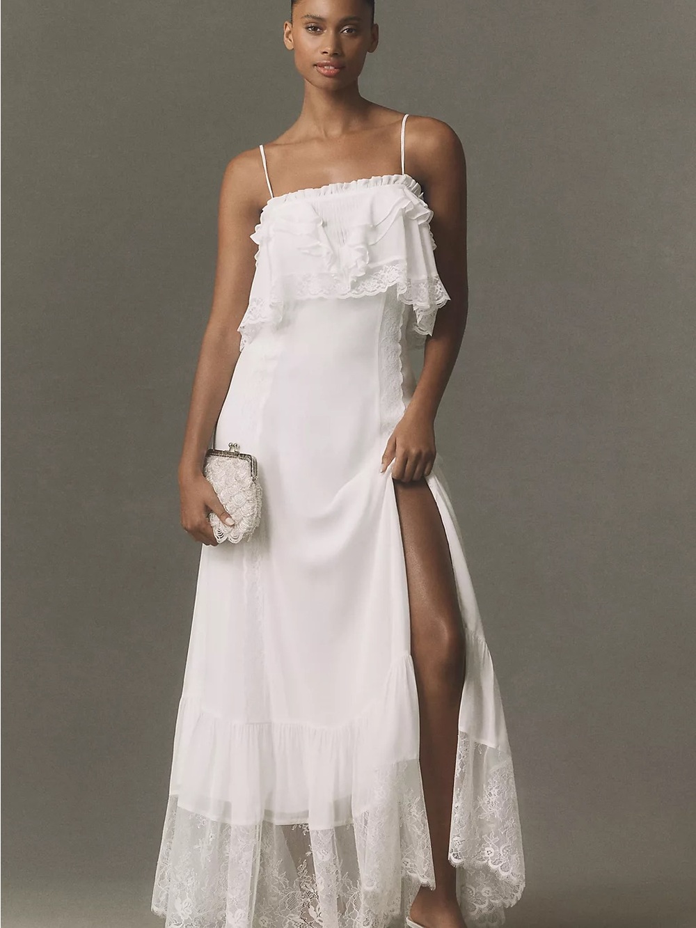 BHLDN Anthropologie White Lace-Trim Spaghetti Strap Maxi Dress
